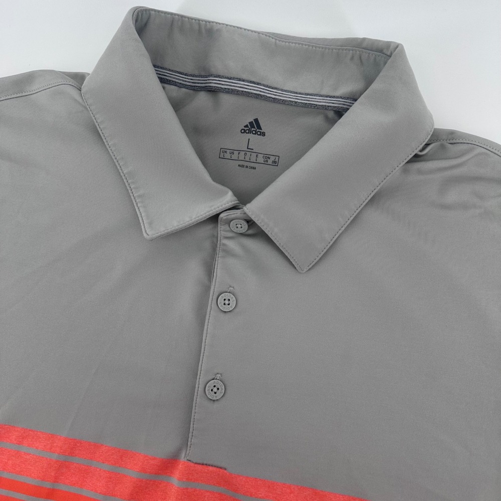 Adidas Polo Shirt Mens Large Gray Orange Striped Short Sleeve Golf Athletic